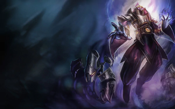 HD desktop wallpaper of Malzahar, a character from the video game League of Legends, showcasing him in a dynamic pose with magical energy emanating from his hands against a dark, mystical background.