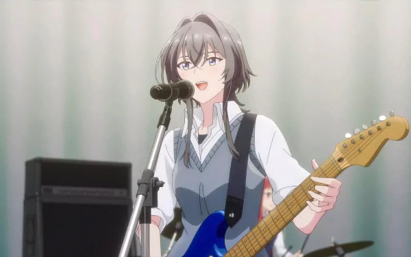 An anime character from Whisper Me a Love Song holding a blue electric guitar and standing in front of a microphone, with a soft curtain backdrop, in a HD desktop wallpaper.