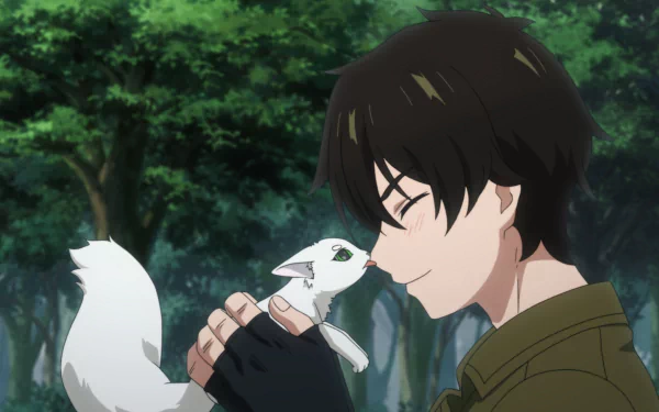 HD wallpaper featuring a scene from the anime The New Gate, with a smiling male character gently holding a small white creature in a forest setting.