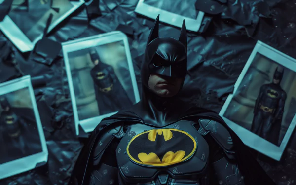 HD wallpaper featuring Batman surrounded by photographs, exuding a somber superhero vibe.