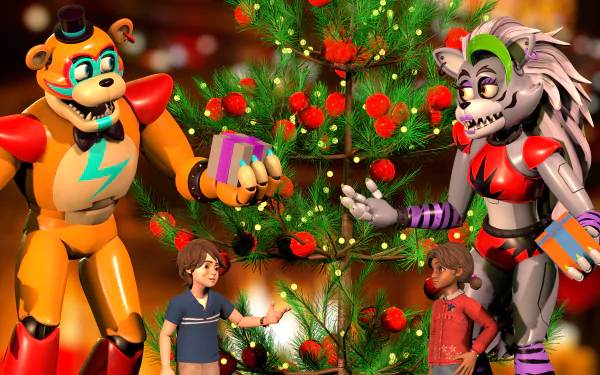 8K Ultra HD Five Nights at Freddy's: Security Breach Christmas-themed wallpaper featuring animatronics and children by a decorated holiday tree.