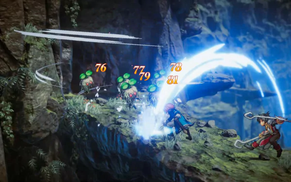 HD desktop wallpaper and background from the video game Eiyuden Chronicle: Hundred Heroes, featuring characters in a combat scene with dynamic effects and damage numbers visible.