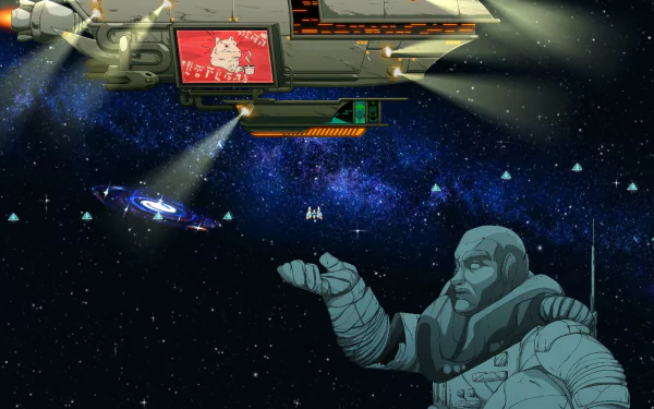 HD desktop wallpaper from the video game Lunar Lander: Beyond, featuring a stylized scene with an astronaut in the foreground and spacecraft in the background among stars and asteroids.