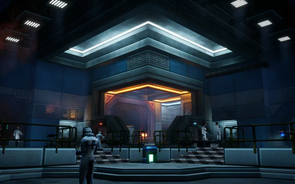 HD desktop wallpaper background from the video game Phantom Fury featuring a futuristic interior with cool-toned lighting and a character in the foreground.