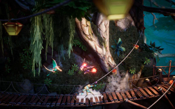 HD desktop wallpaper featuring a scene from the video game 'Tales Of Kenzera: Zau,' depicting a mystical forest environment with a large tree, hanging vines, and a bridge with glowing elements.