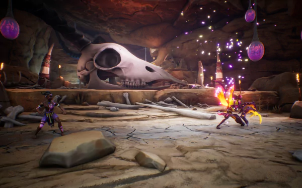 HD desktop wallpaper of Tales Of Kenzera: Zau video game, featuring a character engaged in combat with enemies in an underground setting with a large skull and purple glowing elements in the background.