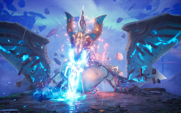HD desktop wallpaper from the video game Tales Of Kenzera: Zau featuring a dynamic scene with a mystical armored creature surrounded by magical energy and floating debris.