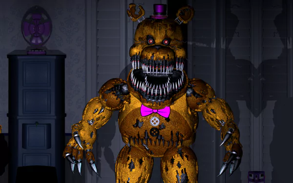 4K Ultra HD Five Nights at Freddy's 4 wallpaper featuring a menacing animatronic Freddy with sharp teeth and glowing eyes in a dark, eerie room.