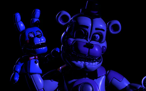 An 8K Ultra HD desktop wallpaper featuring animatronic characters from Five Nights at Freddy's: Sister Location, shown in a dark, eerie setting.