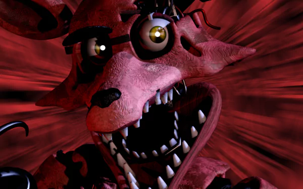 8K Ultra HD PC desktop wallpaper: close-up of a snarling red animatronic fox from Five Nights at Freddy's 2, Five Nights at Freddy's, with a glowing eye and razor teeth against a dark red swirl.