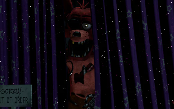 Foxy from Five Nights at Freddy's standing in Freddy Fazbear's Pizza. Vivid HD wallpaper featuring character from Fazbear Entertainment video game.