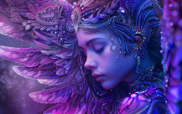 HD desktop wallpaper of a fantasy angel with intricate purple and blue feathered wings and elaborate headpiece, set against a mystical backdrop.