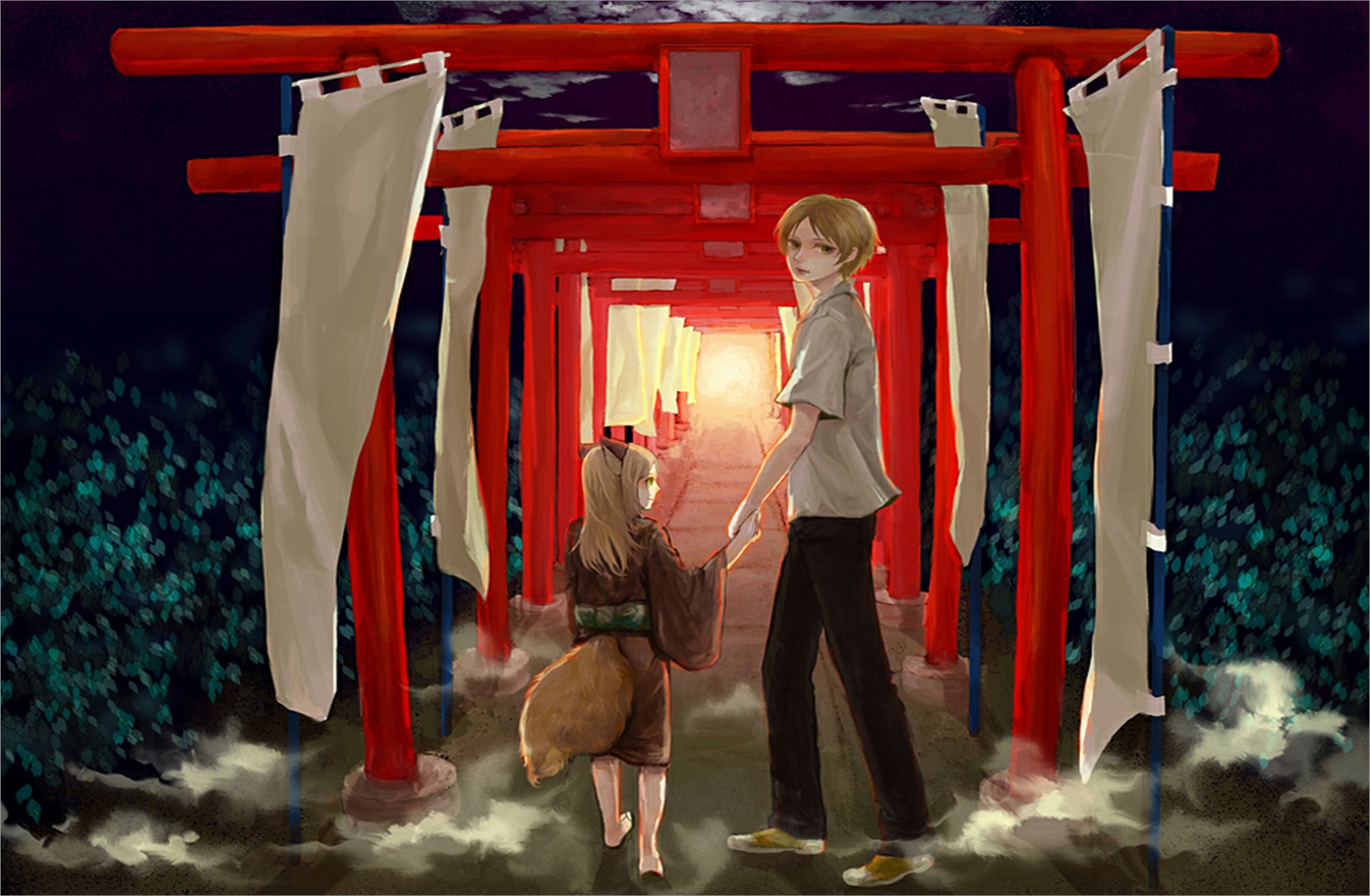 Takashi Natsume and Kogitsune, characters from Natsume's Book of Friends, in an anime-style artwork.