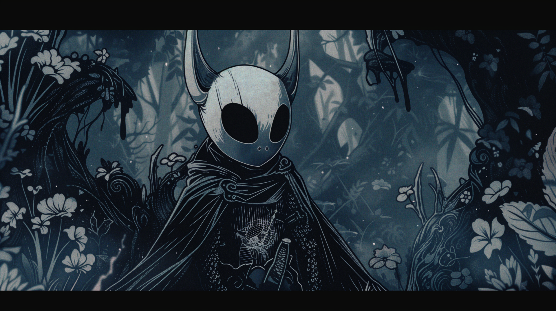 HD desktop wallpaper featuring the character from the video game Hollow Knight, set against a dark floral backdrop.