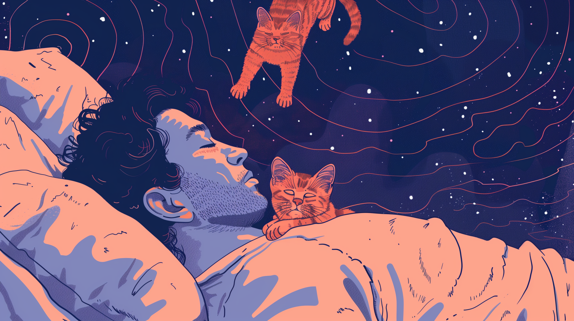 HD desktop wallpaper depicting a man sleeping peacefully with two cats, set against a stylized cosmic background.