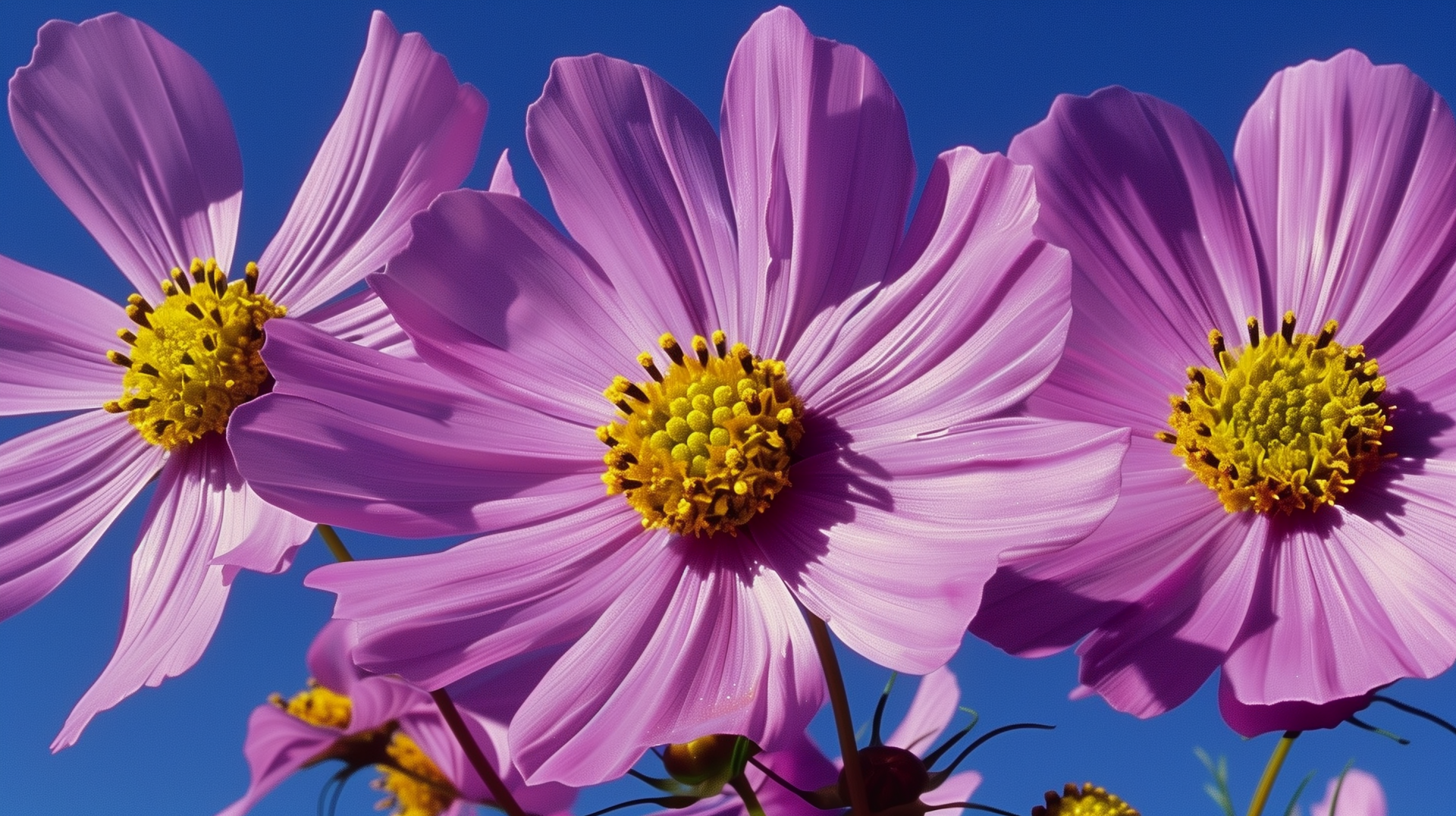 A vibrant close-up of pink flowers against a clear blue sky, showcasing delicate petals and bright yellow centers. This high-definition image serves as a beautiful nature-themed wallpaper.