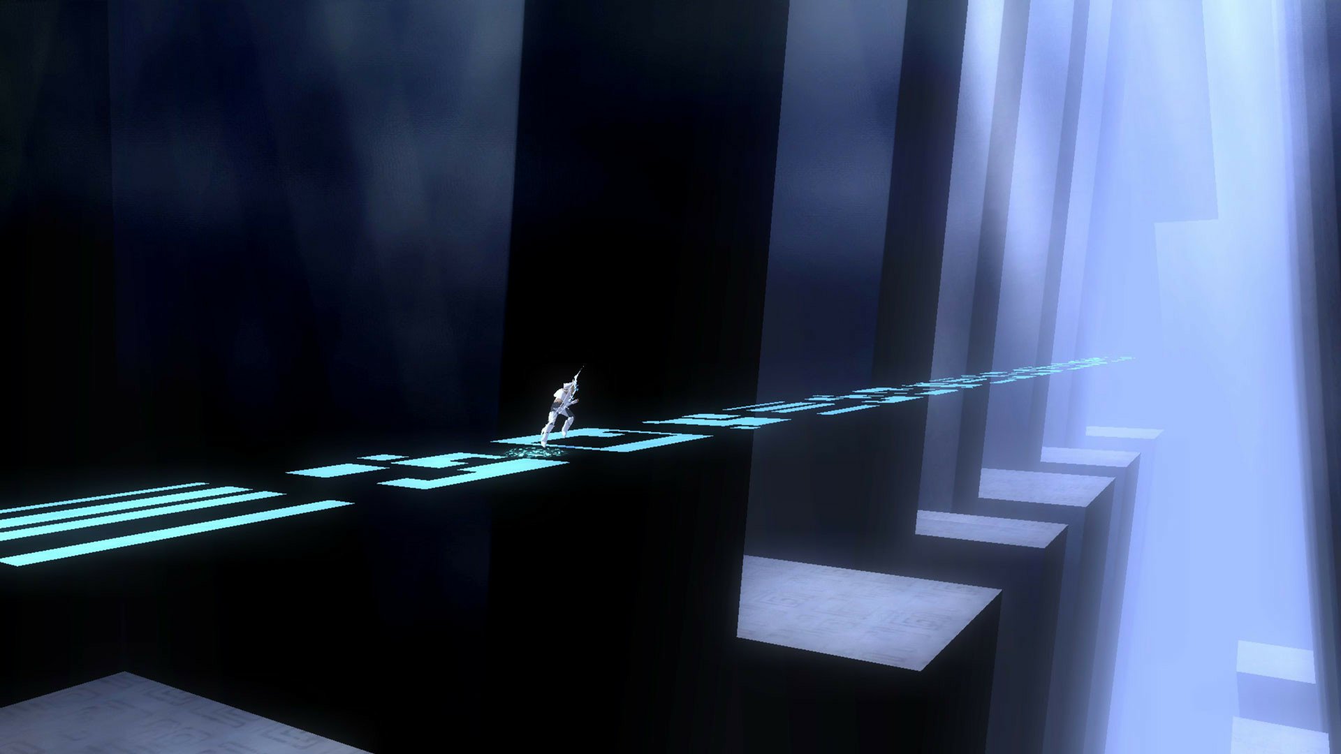 HD desktop wallpaper featuring a scene from El Shaddai: Ascension of the Metatron, with a character navigating mystical platforms in a surreal, dark environment.