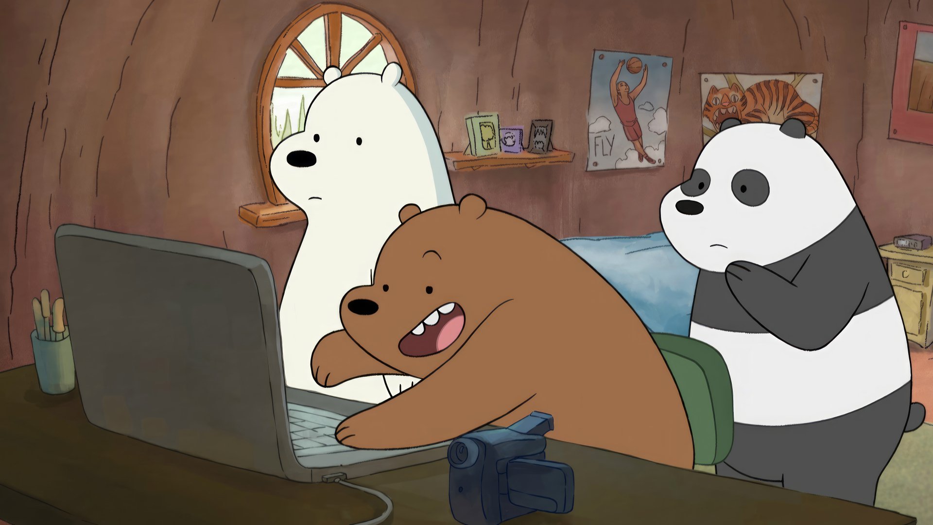 HD wallpaper from We Bare Bears showing the three bear brothers using a laptop inside their wooden cave.