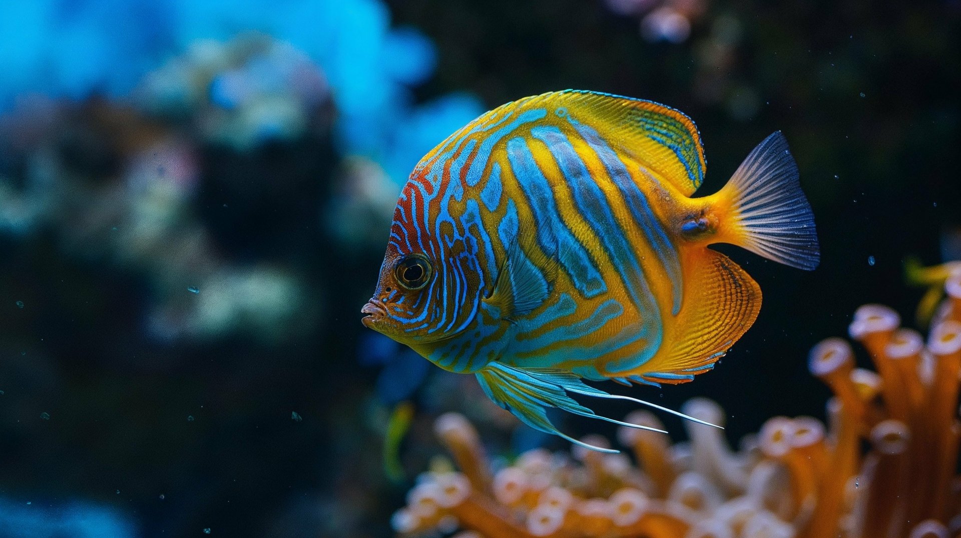HD desktop wallpaper of a vibrant tropical fish, featuring intricate blue and yellow stripes, swimming gracefully in a coral-rich underwater setting.