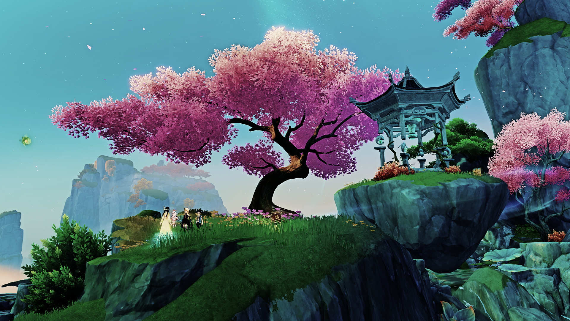 A vibrant 4K Ultra HD Genshin Impact landscape featuring a glowing pink cherry blossom tree and a traditional pavilion on floating cliffs under a clear blue sky.