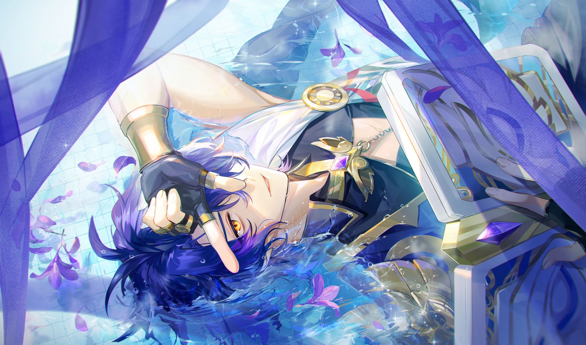 HD PC desktop wallpaper featuring Dr. Ratio from Honkai: Star Rail, showcasing him lying among purple petals with a serene, ethereal background.