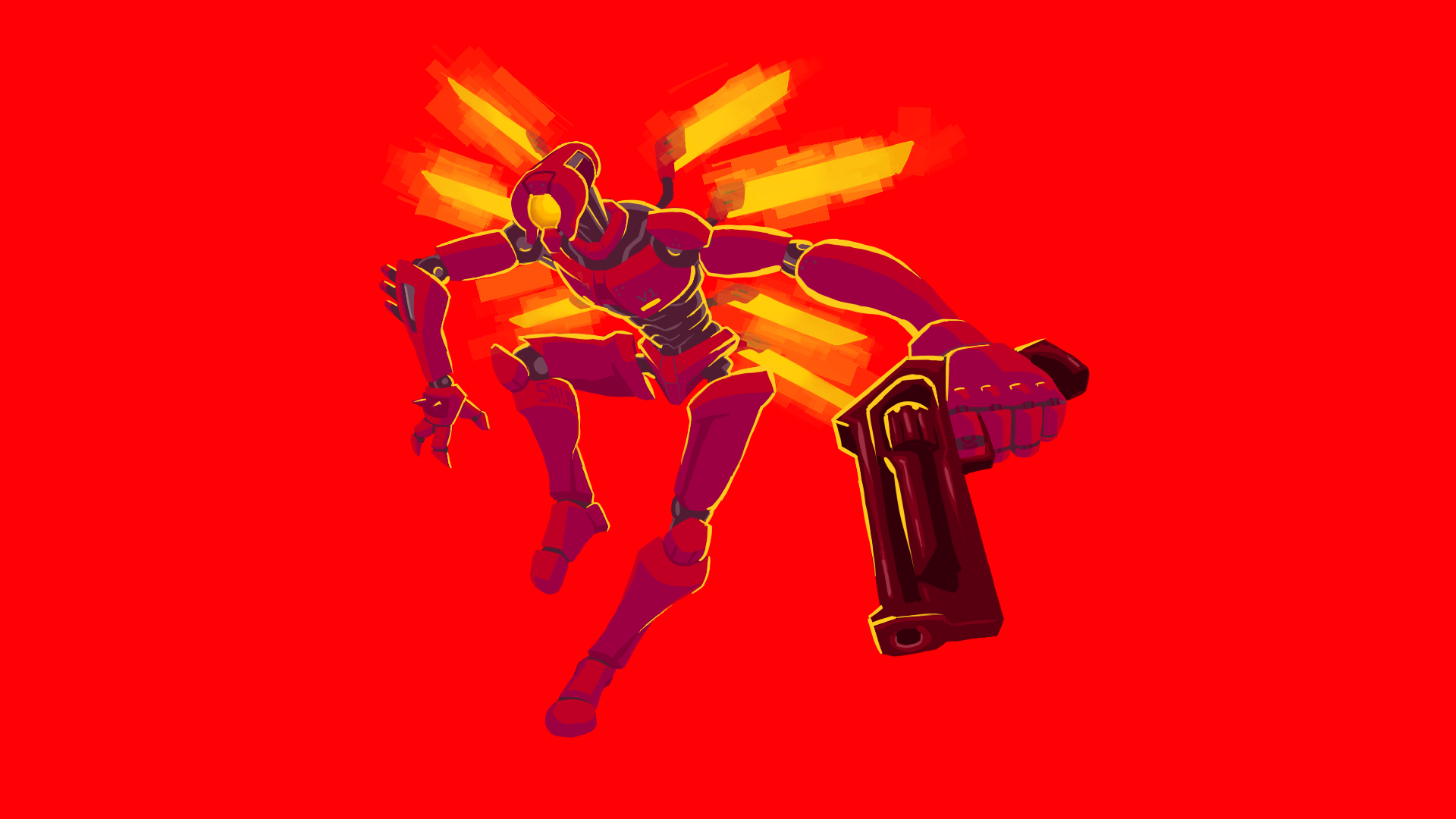 HD desktop wallpaper from the video game ULTRAKILL featuring a dynamic illustration of a character in red armor, wielding a gun, with explosive yellow effects in the background.