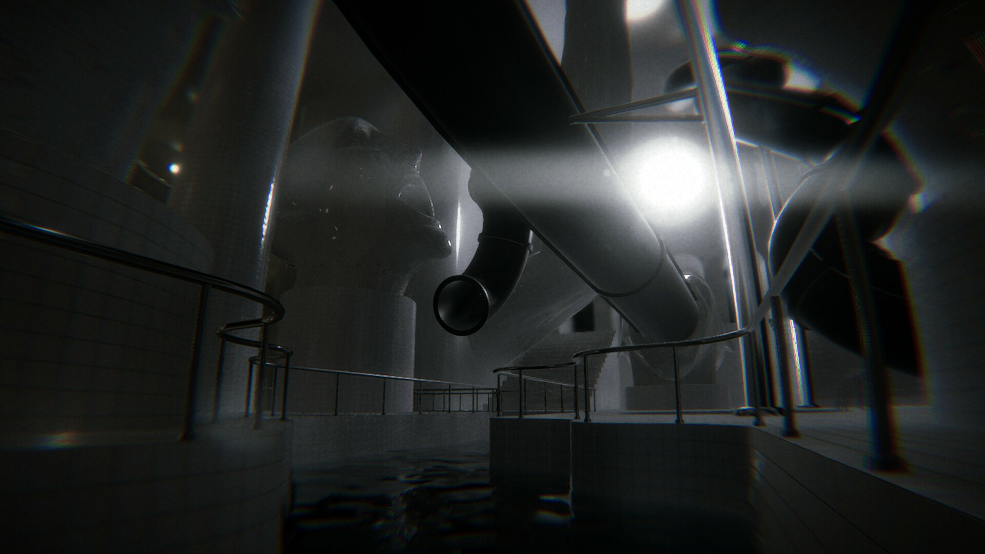 HD desktop wallpaper of a video game scene, featuring an indoor pool with futuristic architecture under soft lighting.