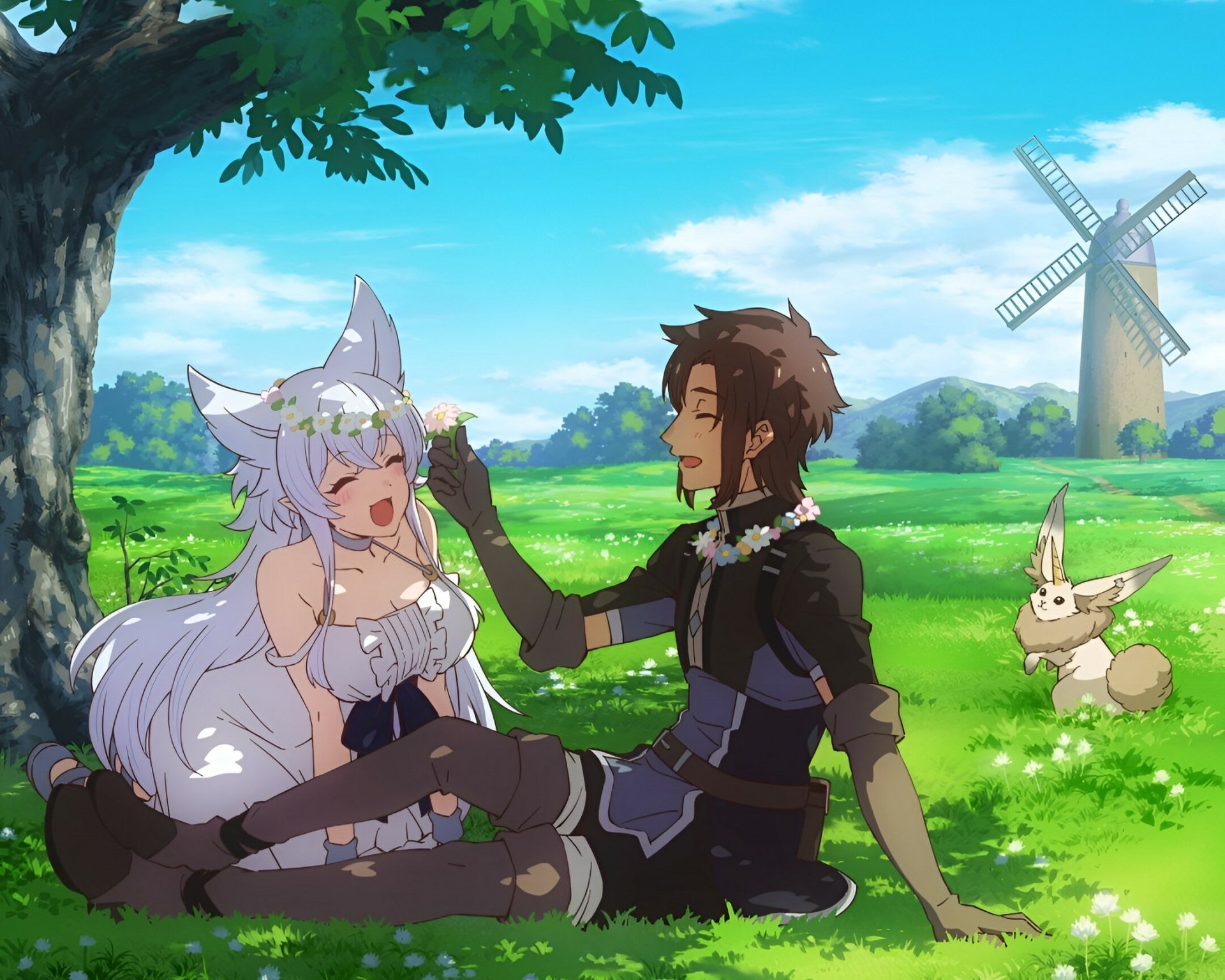 Anime HD desktop wallpaper featuring Fenrys and Flio from Chillin' in Another World with Level 2 Super Cheat Powers relaxing in a sunny meadow with a windmill and rabbit nearby.