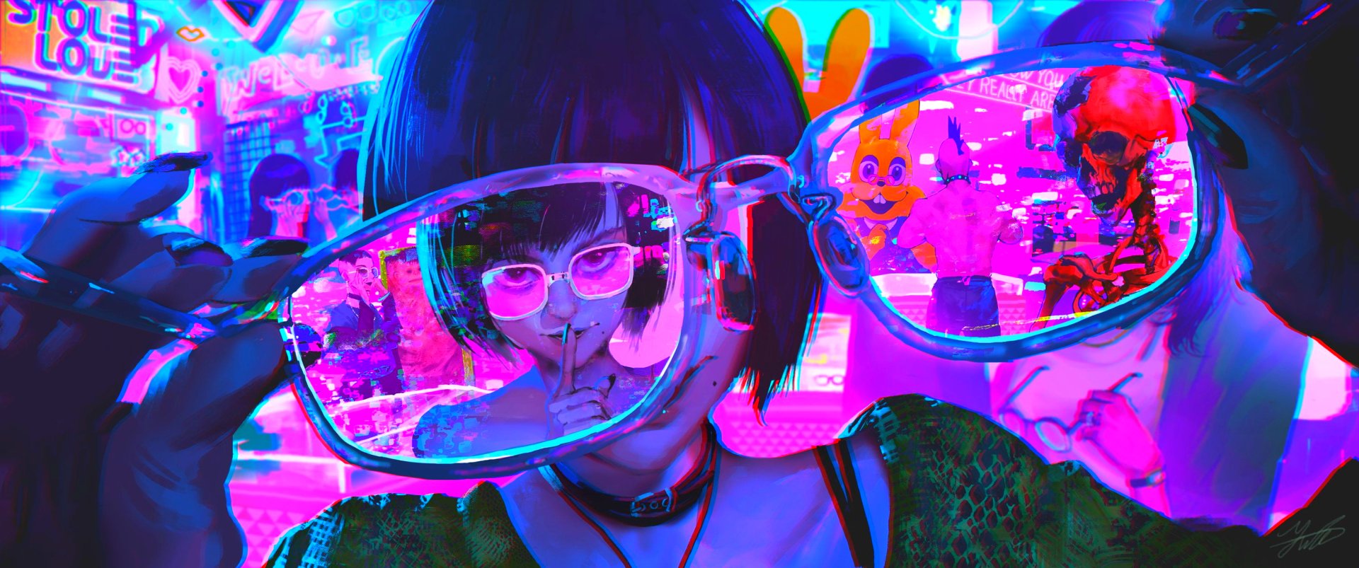 HD Cyberpunk 2077 anime girl wallpaper featuring a close-up of a character wearing sunglasses, set against a vibrant, neon-lit cityscape background.