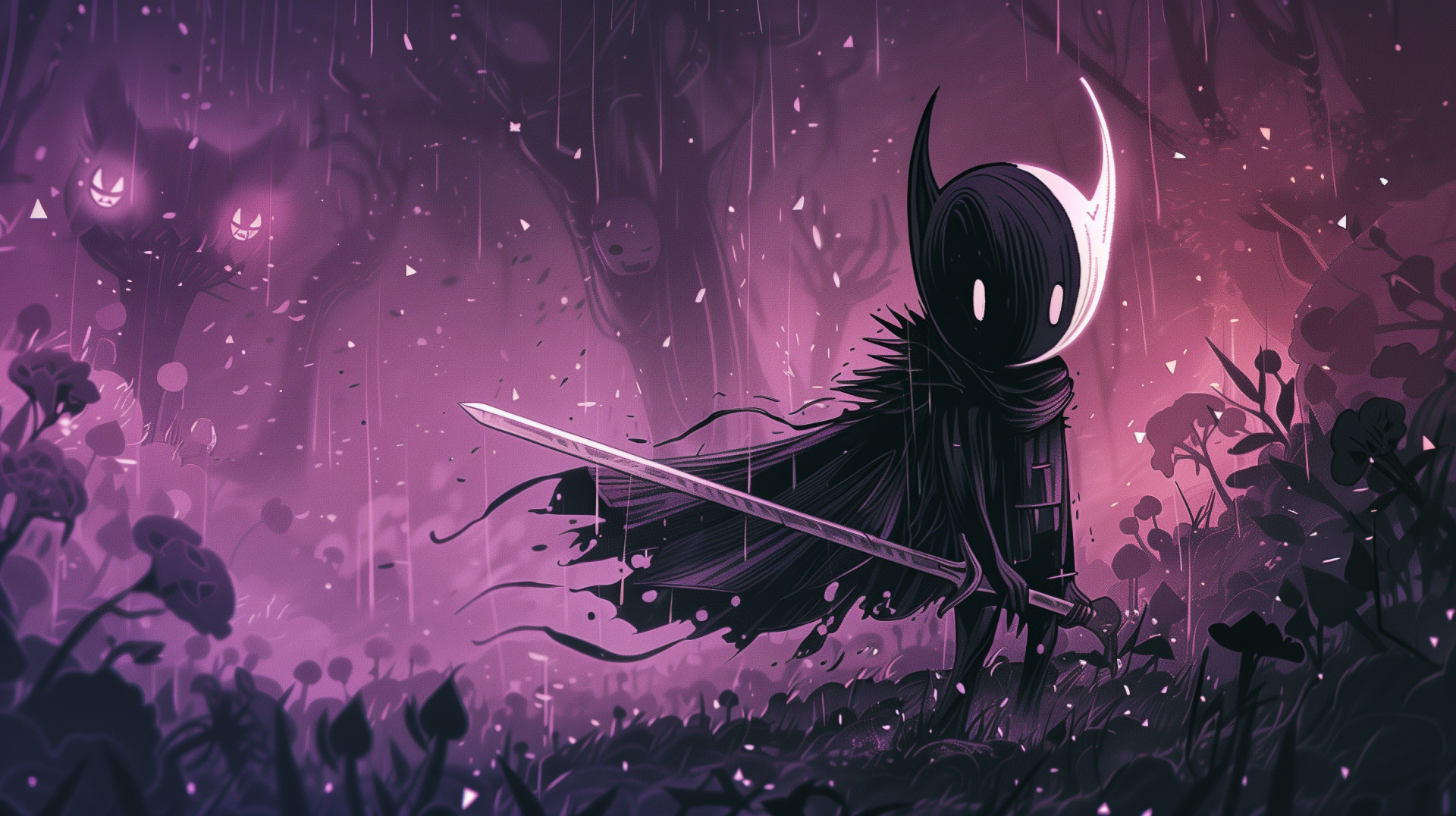 HD desktop wallpaper featuring the character from Hollow Knight, poised with a sword in a vibrant, mystical purple forest setting.