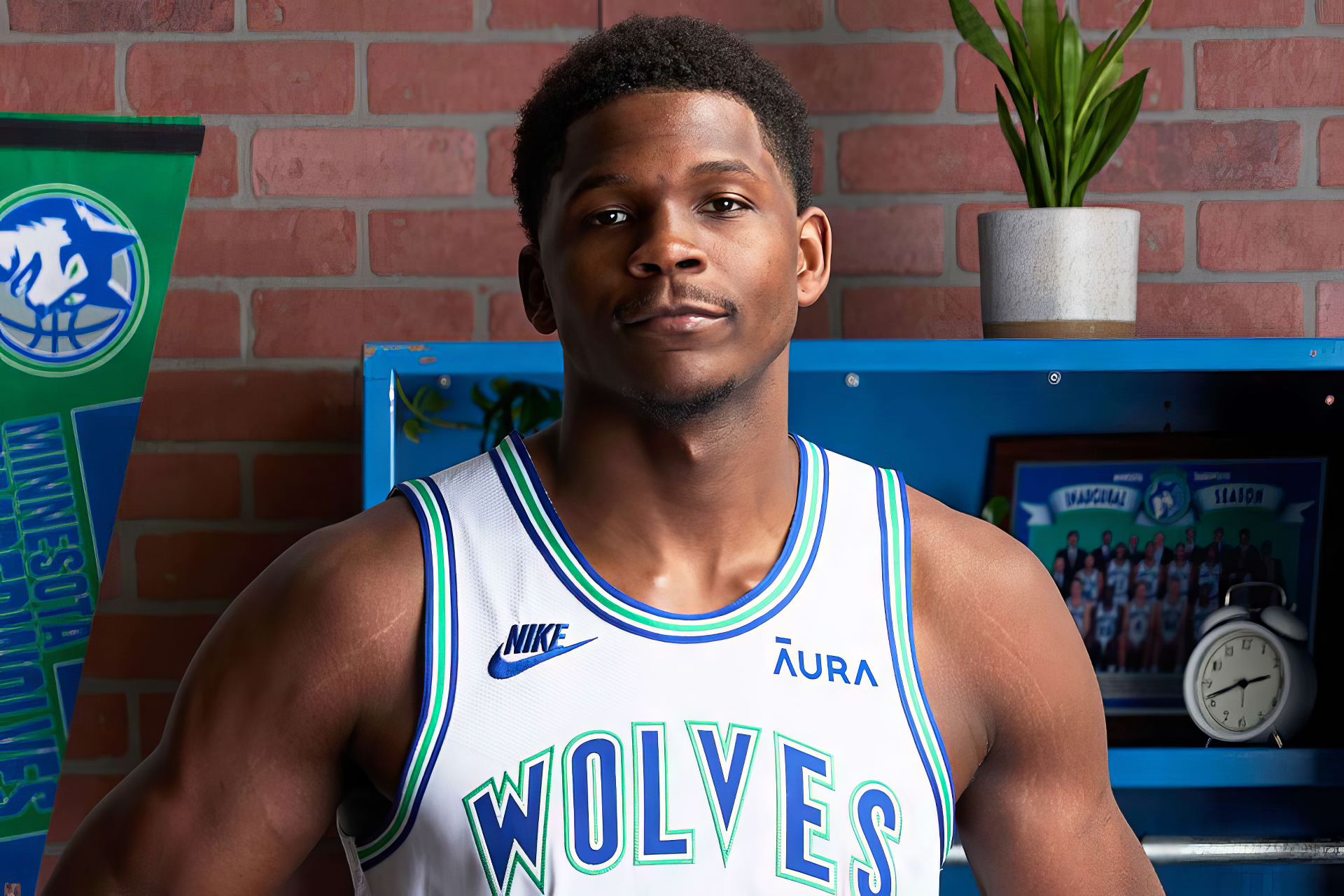 HD desktop wallpaper featuring Anthony Edwards in a Minnesota Timberwolves jersey, posed against a backdrop with team memorabilia.