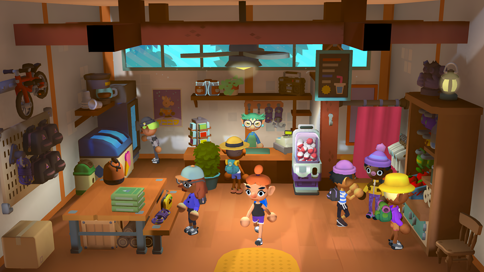 HD desktop wallpaper from the video game Surmount featuring animated characters in a vibrant, busy kitchen setting.