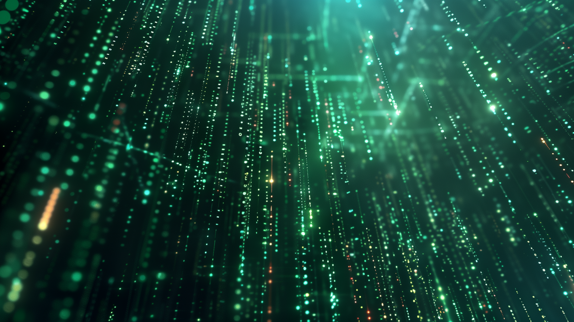 HD desktop wallpaper inspired by The Matrix, featuring a dynamic array of green code cascading over a digital background.