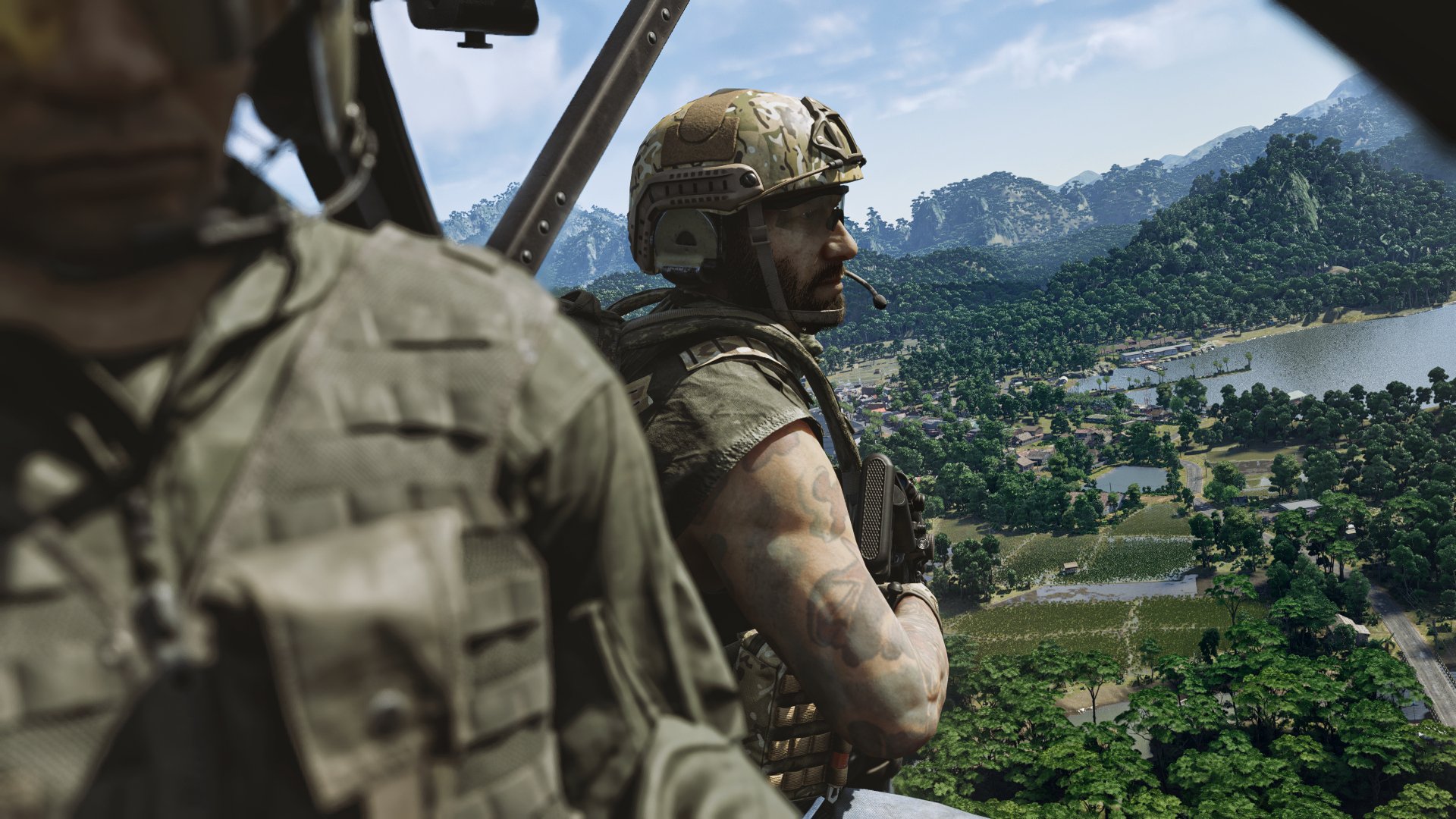 HD desktop wallpaper of soldiers in a helicopter overlooking a lush valley from the video game Gray Zone Warfare.