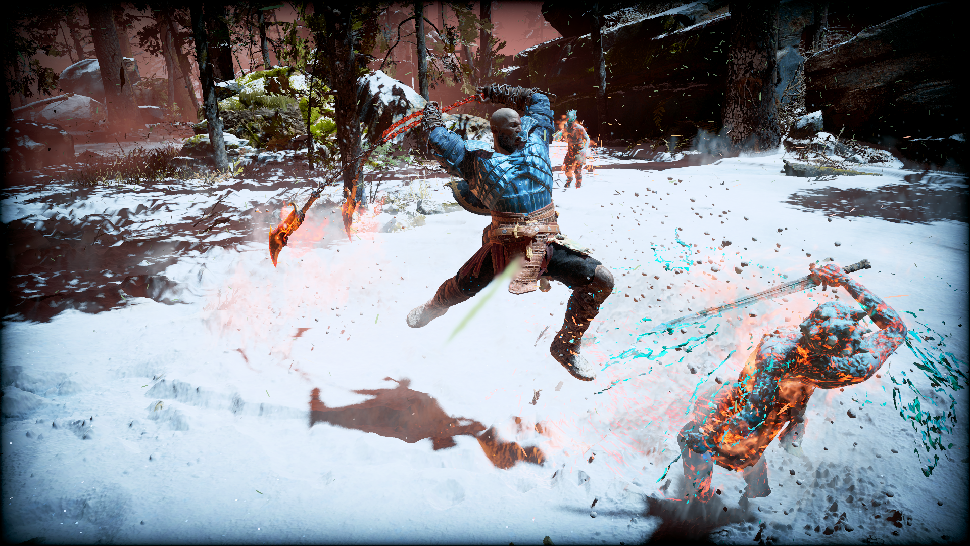 HD PC desktop wallpaper featuring Kratos from God of War in dynamic combat action, showcasing the game's intense, snowy battlefield environment on PlayStation.