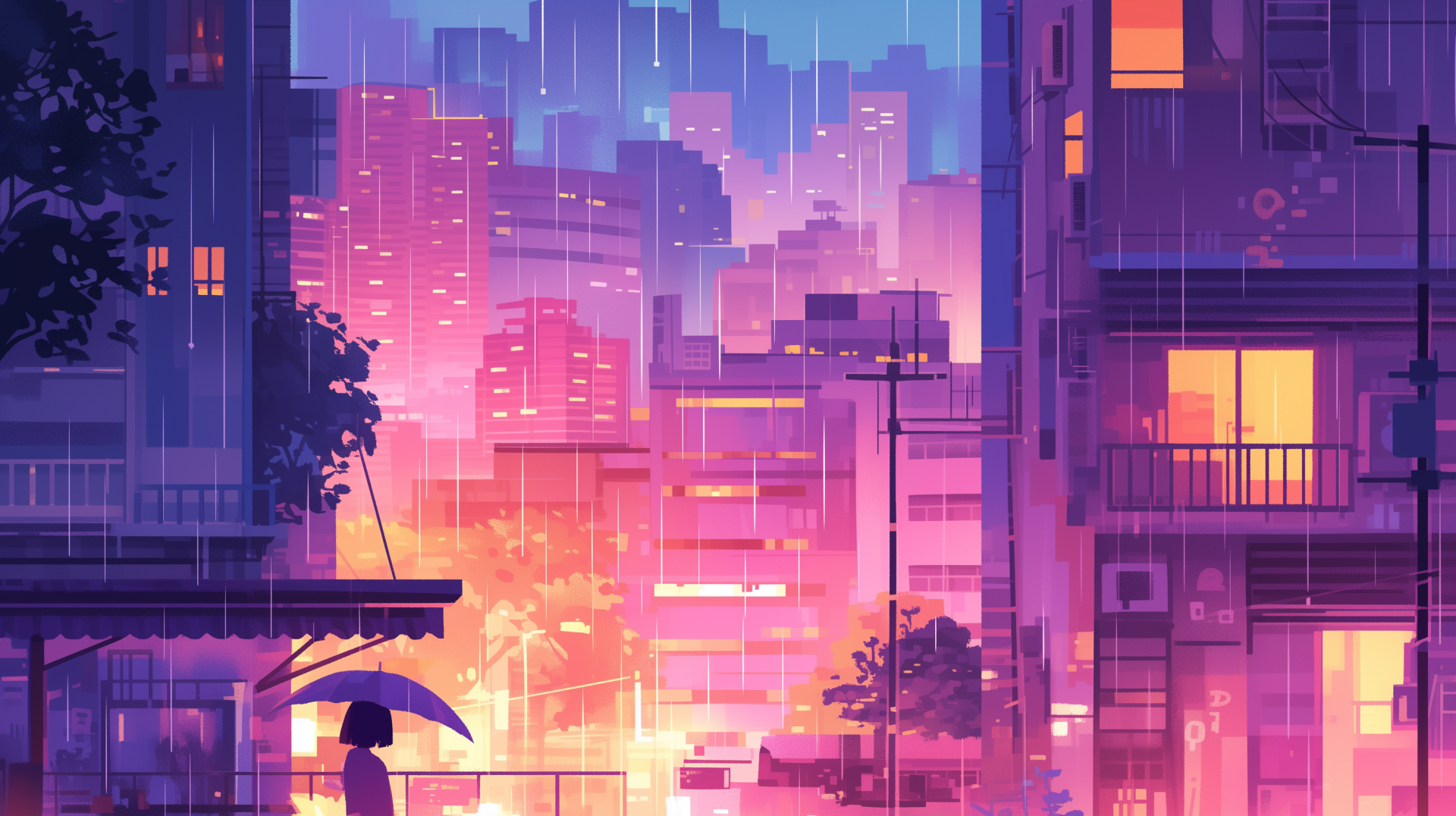 Anime-style HD desktop wallpaper featuring a rain-soaked city at dusk, with vibrant purple and pink hues and a lone figure with an umbrella.