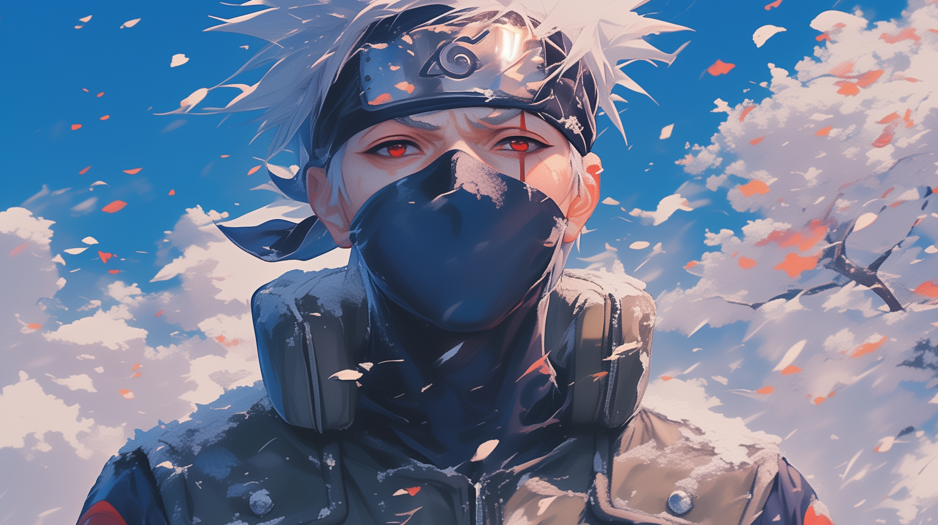 HD desktop wallpaper of Kakashi Hatake from Naruto, featuring his Sharingan eye, set against a vibrant, autumnal backdrop.