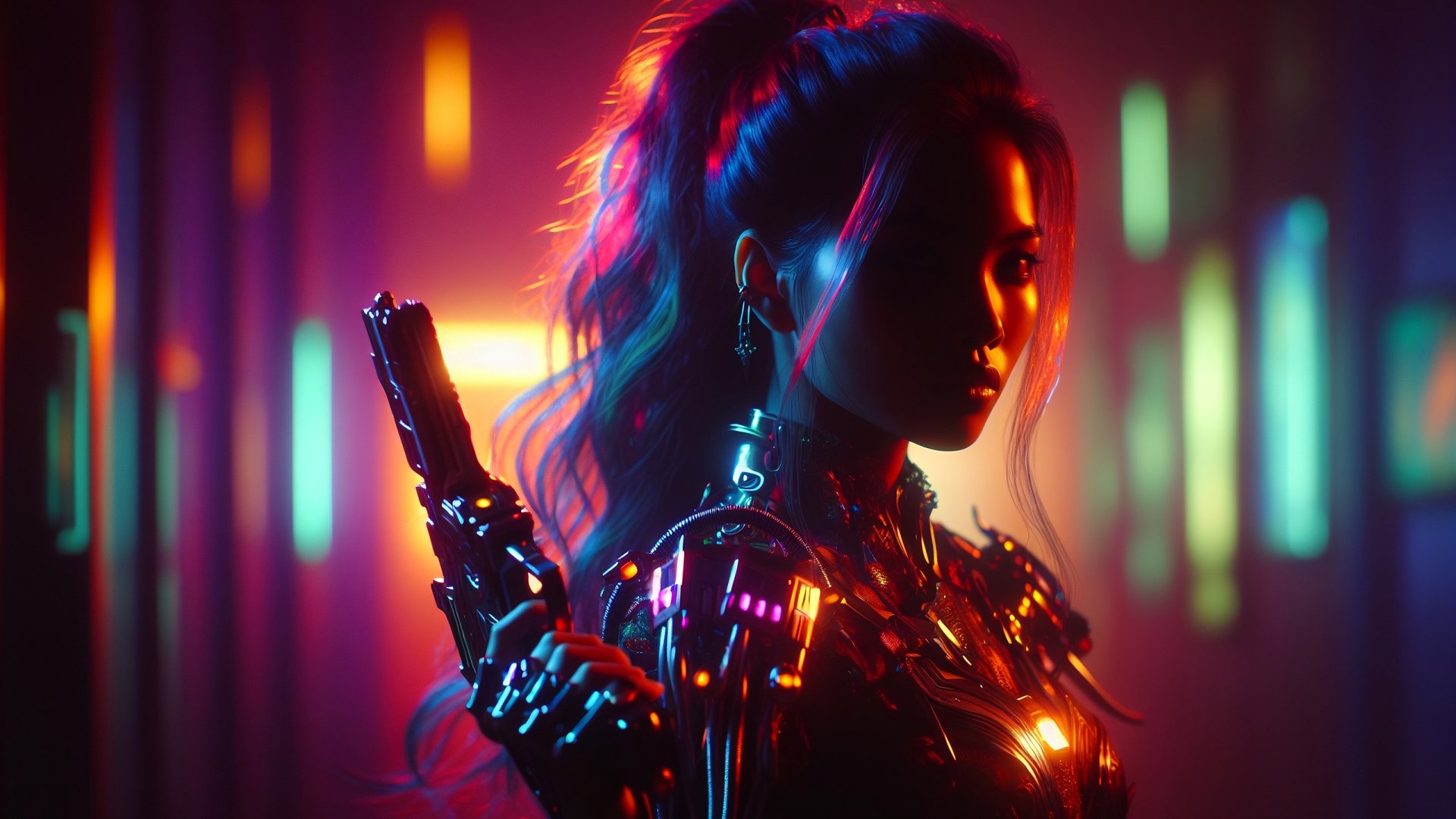 Cyberpunk 2077–style AI art of a cybernetic woman holding a pistol, neon-lit bokeh backdrop — HD PC desktop wallpaper and background from Wallpaper Abyss.