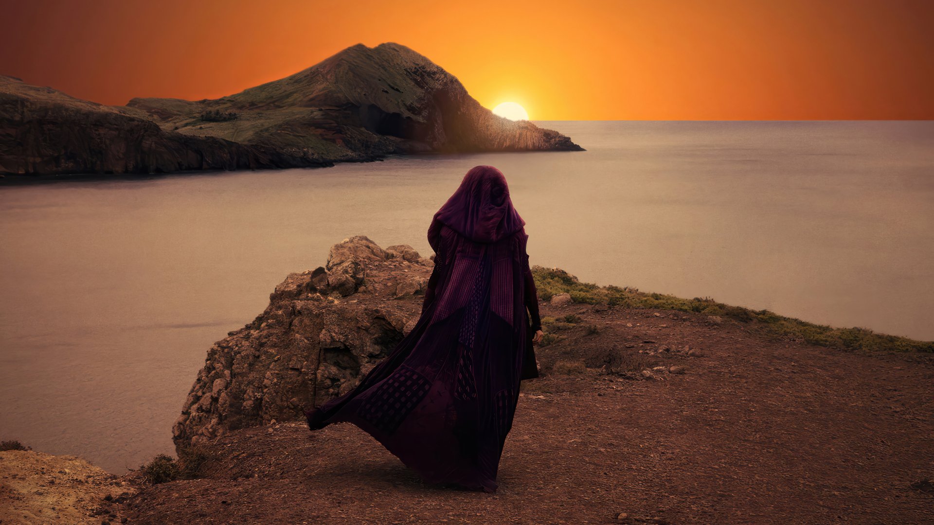HD desktop wallpaper featuring a cloaked figure from The Acolyte (2024) overlooking a sunset by the sea.