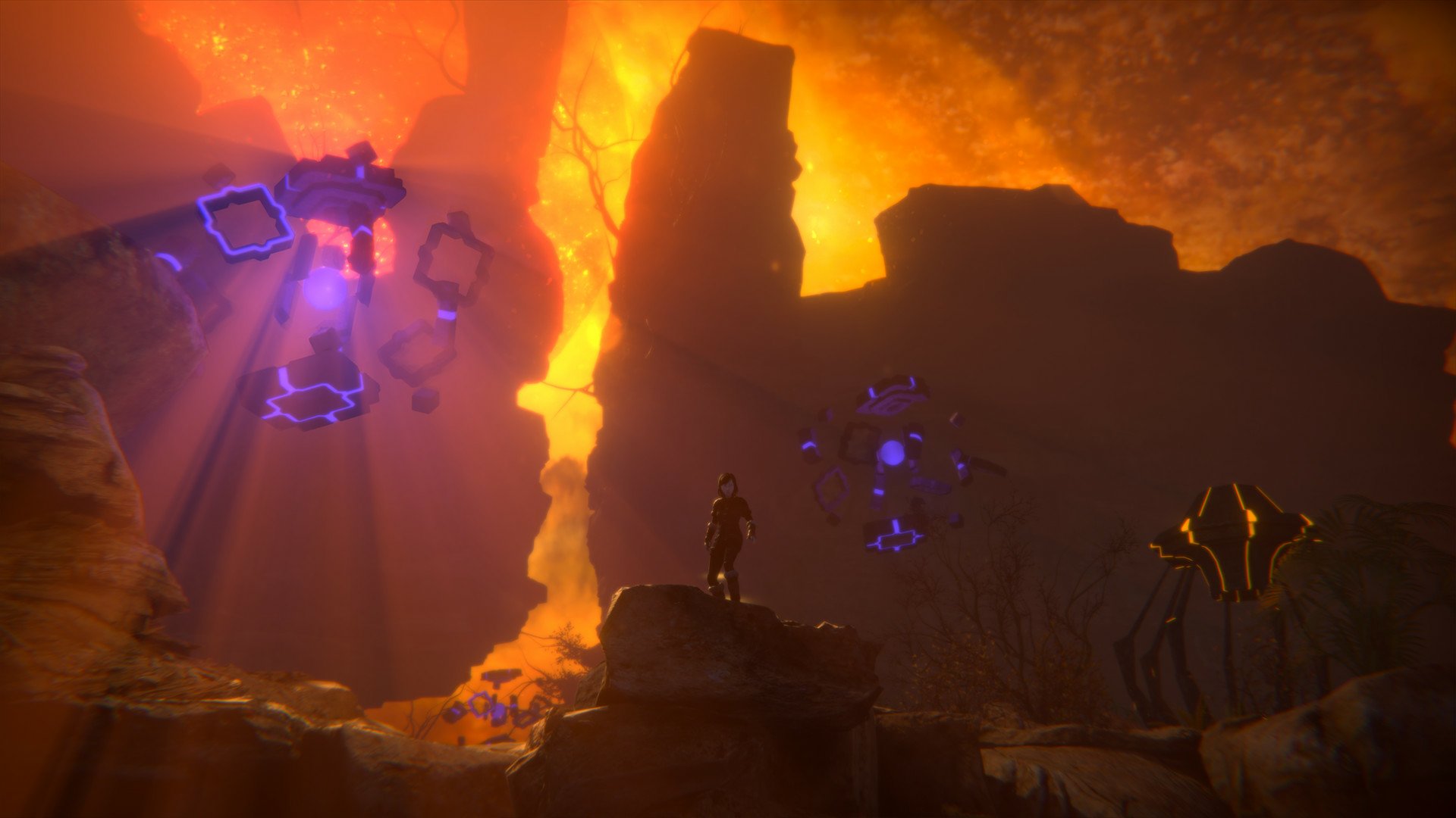HD desktop wallpaper from the video game Seed of Life, showing a mystical glowing landscape with futuristic elements and a character exploring a fiery cavern.