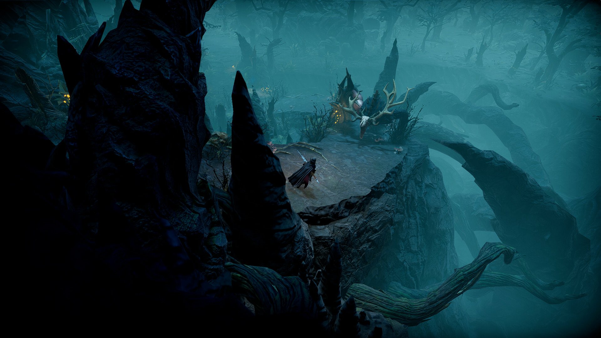 HD desktop wallpaper from V Rising video game featuring a mysterious, foggy landscape with rocky terrain and glowing elements.