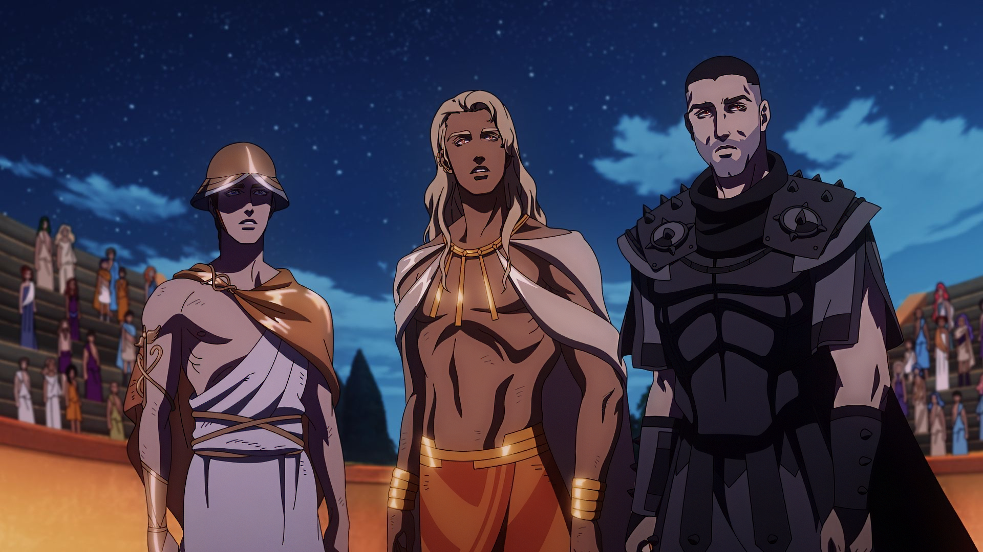 HD desktop wallpaper featuring three characters from the anime Blood of Zeus standing under a starry night sky.