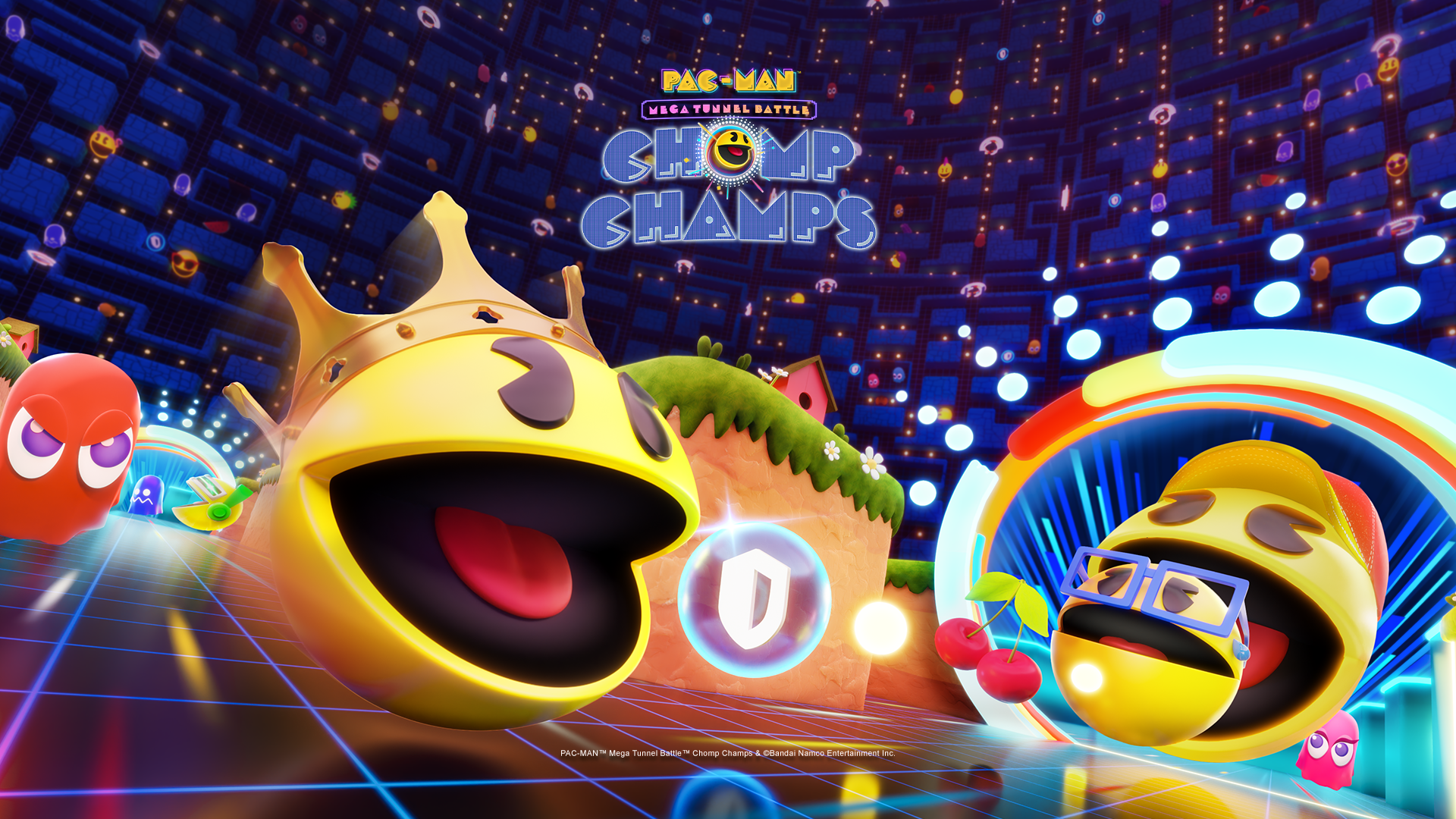 HD desktop wallpaper featuring vibrant characters from PAC-MAN Mega Tunnel Battle: Chomp Champs in a dynamic, colorful game arena.