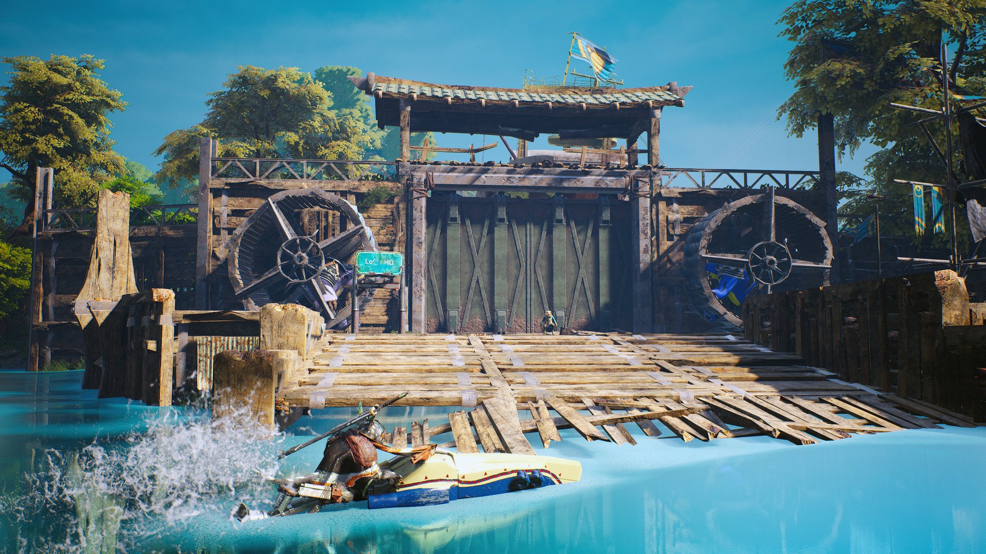 HD desktop wallpaper from the video game Biomutant featuring a character in a boat approaching a rustic wooden gate with water wheels.