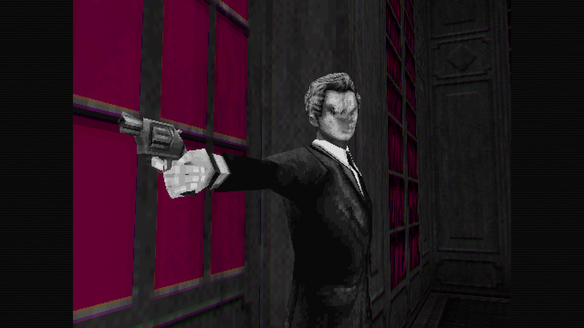 HD desktop wallpaper from Lorelei and the Laser Eyes, featuring a monochrome character in a suit pointing a gun, set against a vividly pink window and dark hallway.