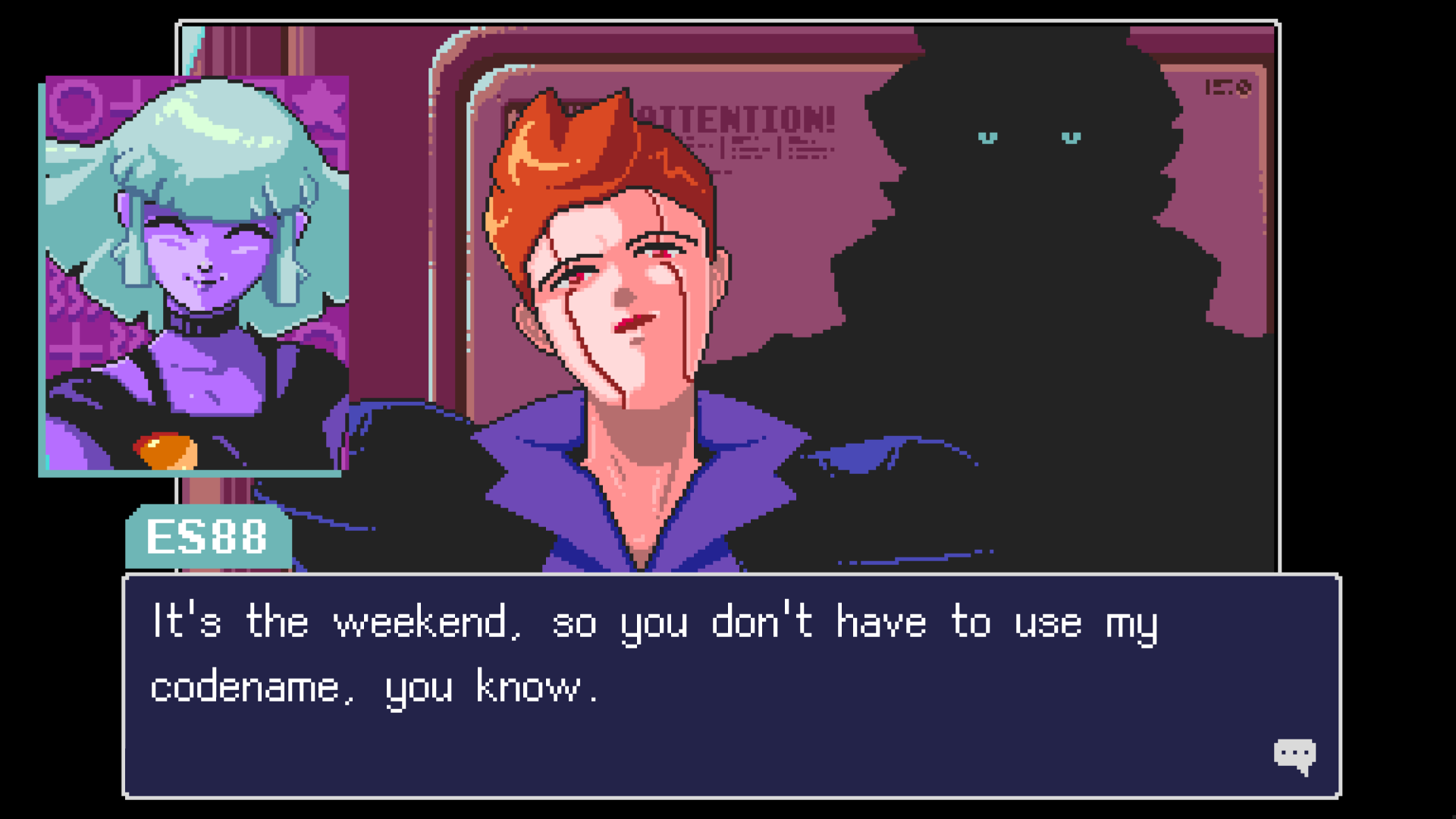 HD desktop wallpaper from Read Only Memories: NEURODIVER featuring character dialog in a pixel art style.