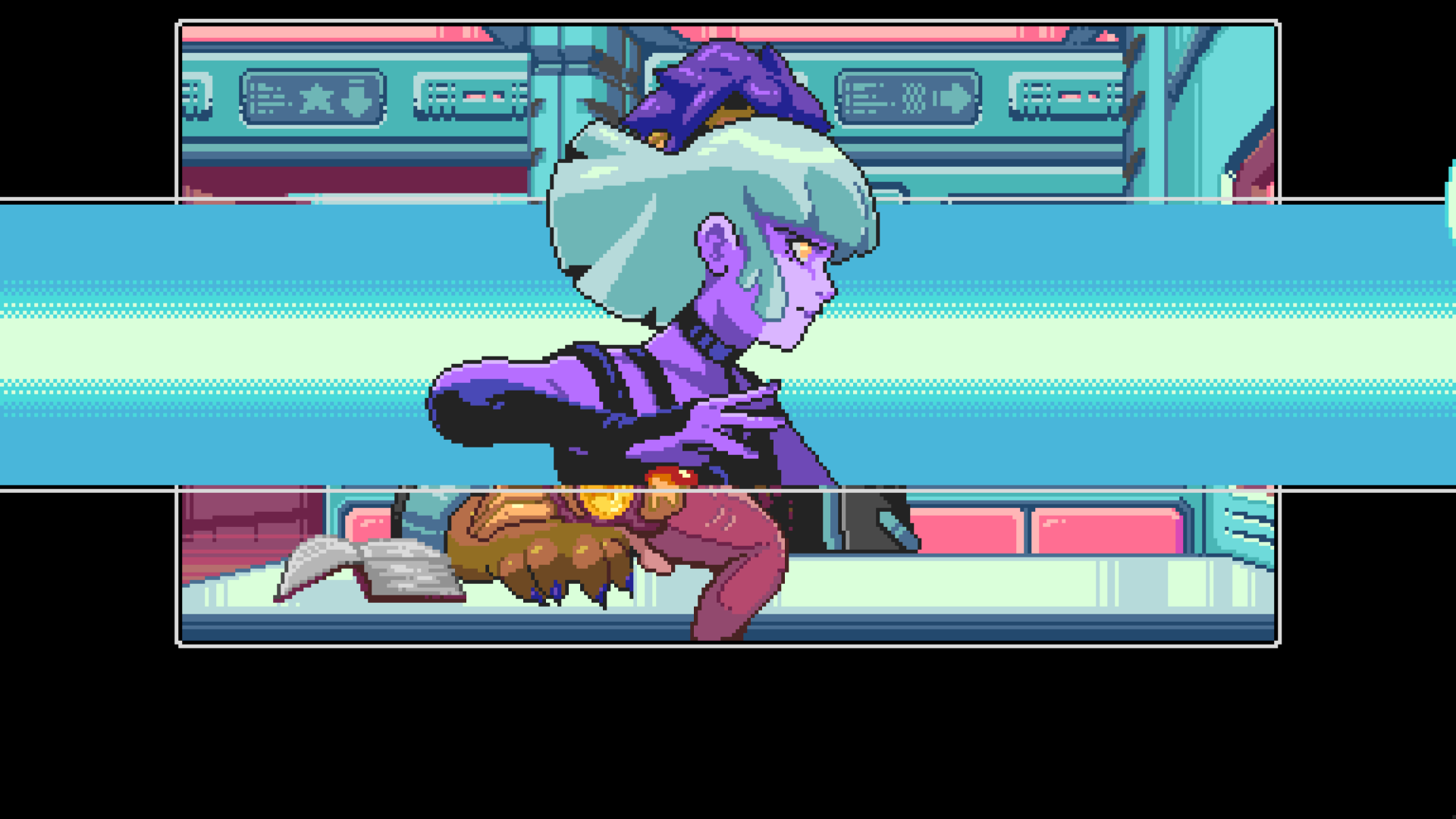 HD desktop wallpaper featuring a pixel art character from the video game Read Only Memories: NEURODIVER, set in a futuristic environment.