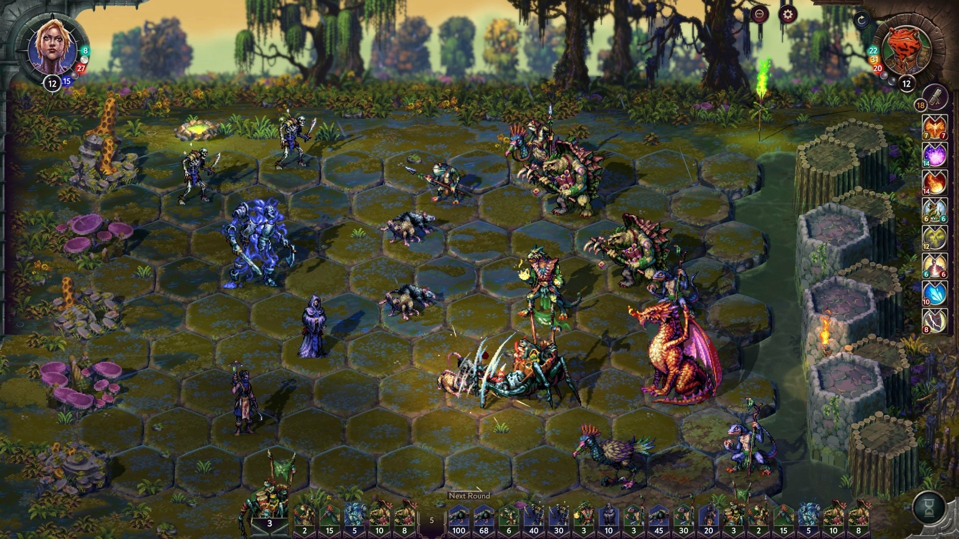 HD desktop wallpaper of the video game Songs of Conquest, featuring a detailed and colorful in-game battle scene with various characters and creatures on a hexagonal grid battlefield.
