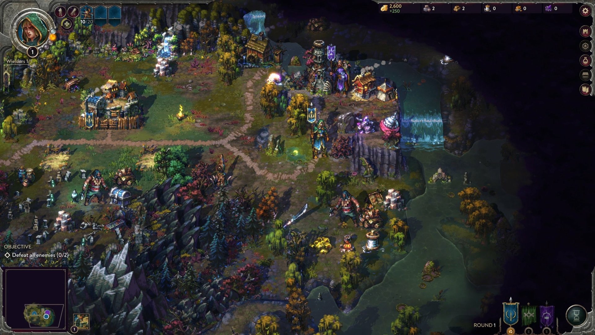 HD desktop wallpaper of the video game Songs of Conquest, showcasing a detailed fantasy landscape with lush forests, buildings, and a waterfall.