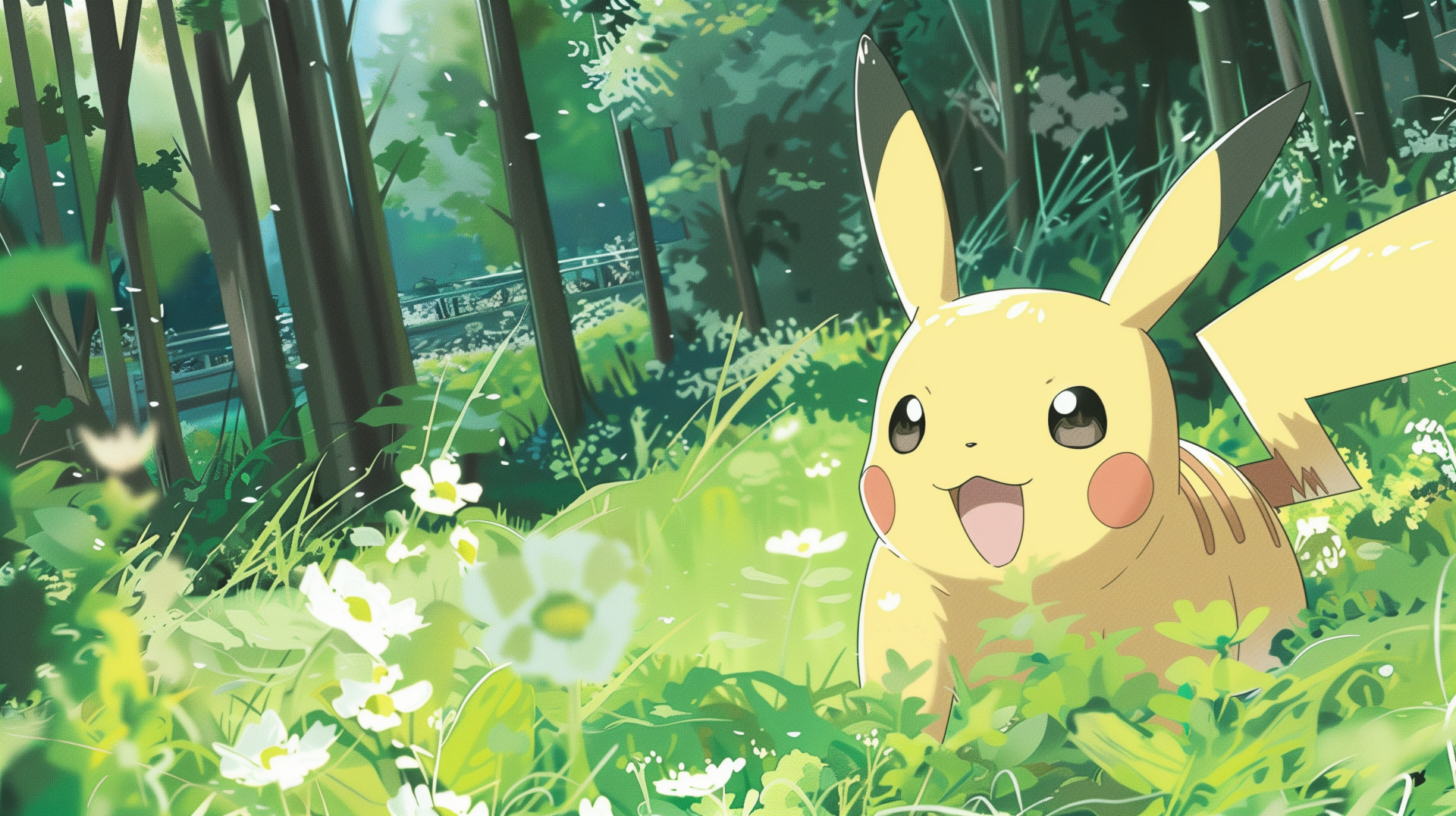 HD desktop wallpaper featuring Pikachu from Pokémon in a lush green forest, surrounded by blooming white flowers and sunlight filtering through the trees. The scene is vibrant and serene.